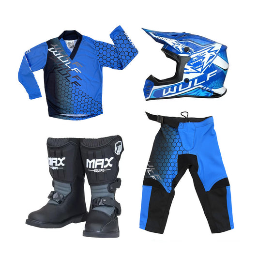 Kids MX Wulfsport 2025 CONNECT Motocross Shirt, Pant, Helmet & Boot Set Blue #M13