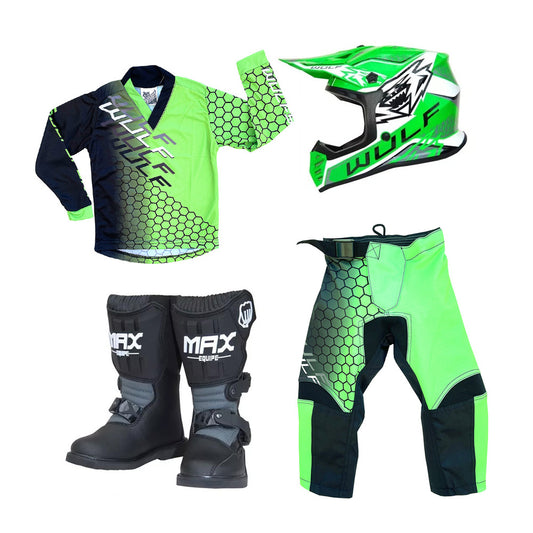 Kids MX Wulfsport 2025 CONNECT Motocross Shirt, Pant, Helmet & Boot Set Green #M13