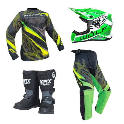 Kids MX Wulfsport 2026 WARHAMMER Motocross Shirt, Pant, Helmet & Boot Set Green #M13
