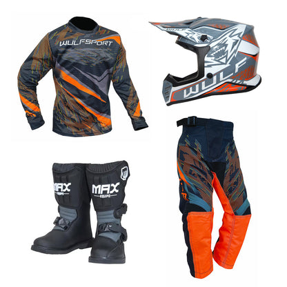 Kids MX Wulfsport 2026 WARHAMMER Motocross Shirt, Pant, Helmet & Boot Set Orange #M13