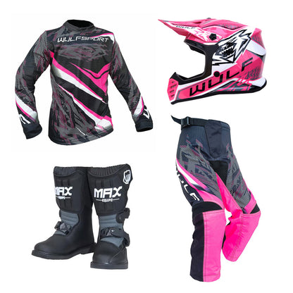 Kids MX Wulfsport 2026 WARHAMMER Motocross Shirt, Pant, Helmet & Boot Set Pink #M13