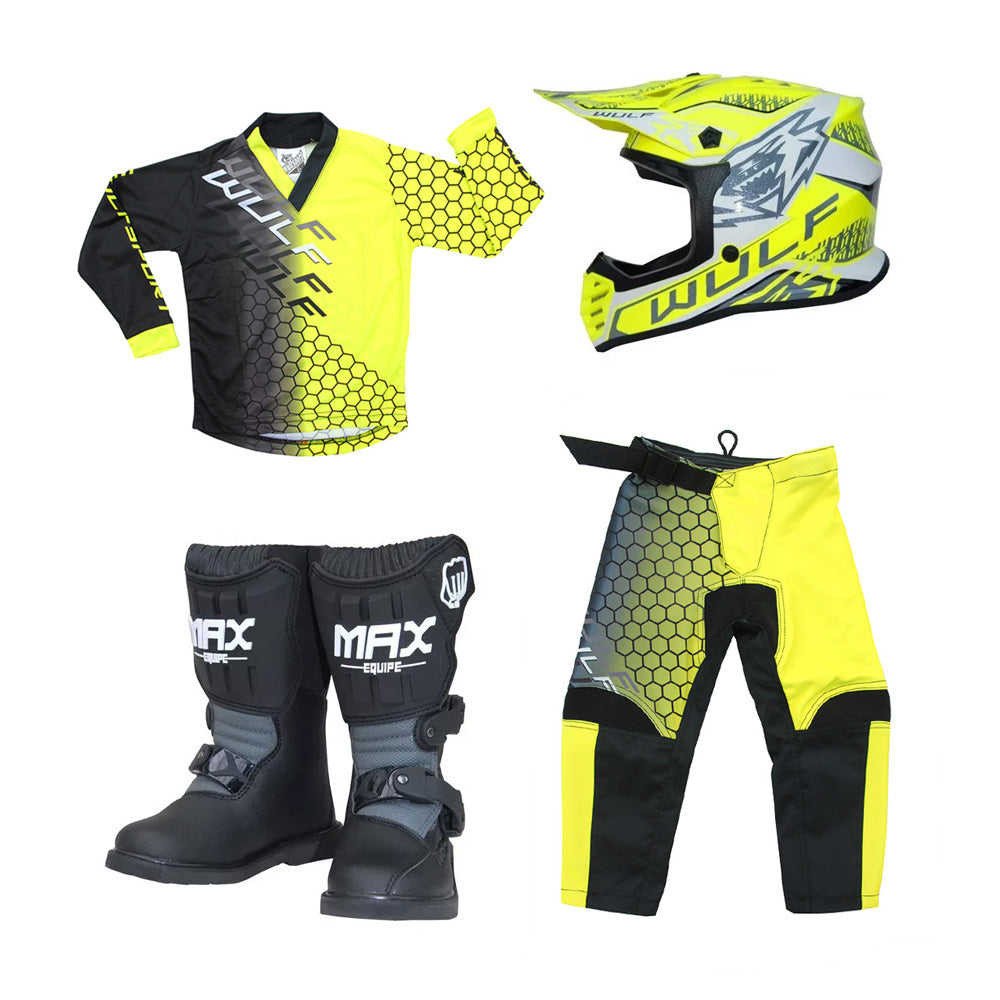 Kids MX Wulfsport 2025 CONNECT Motocross Shirt, Pant, Helmet & Boot Set Yellow #M13