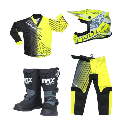 Kids MX Wulfsport 2025 CONNECT Motocross Shirt, Pant, Helmet & Boot Set Yellow #M13