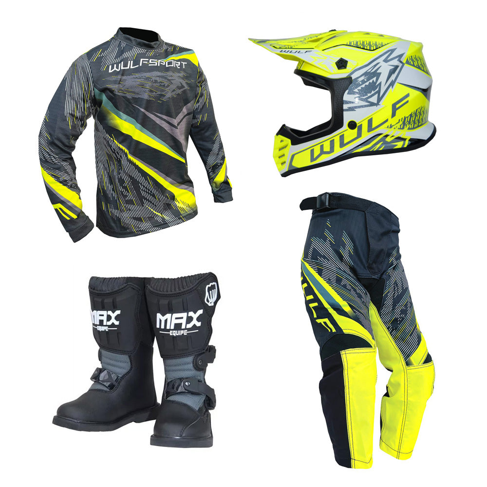 Kids MX Wulfsport 2026 WARHAMMER Motocross Shirt, Pant, Helmet & Boot Set Yellow #M13