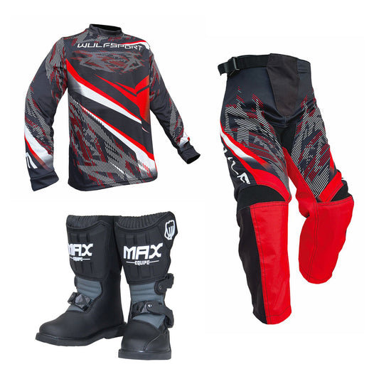 Kids MX Wulfsport 2026 WARHAMMER Motocross Shirt Pant Boots Red Set #M4