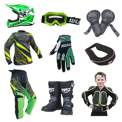 Kids MX Wulfsport 2026 WARHAMMER Motocross Ultra Complete Set Green #M7