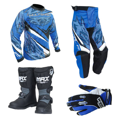 Kids MX Wulfsport 2026 WARHAMMER Motocross Shirt Pant, Gloves & Boots Blue Set #M8