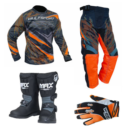 Kids MX Wulfsport 2026 WARHAMMER Motocross Shirt Pant, Gloves & Boots Orange Set #M8