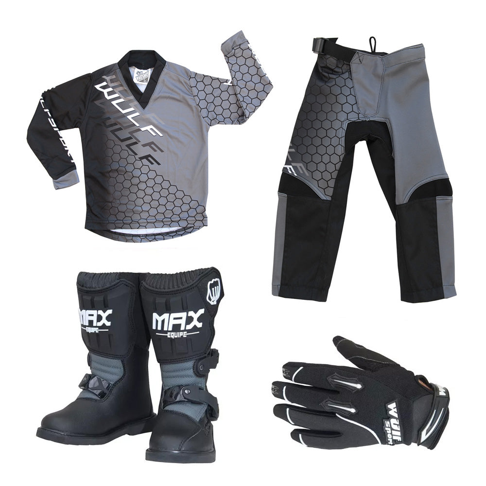 Kids MX Wulfsport 2025 CONNECT Motocross Shirt Pant, Gloves & Boots Black Set #M8