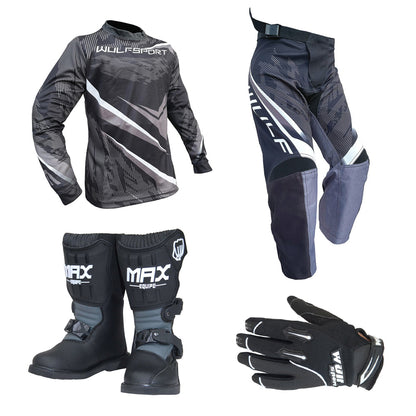 Kids MX Wulfsport 2026 WARHAMMER Motocross Shirt Pant, Gloves & Boots Black Set #M8
