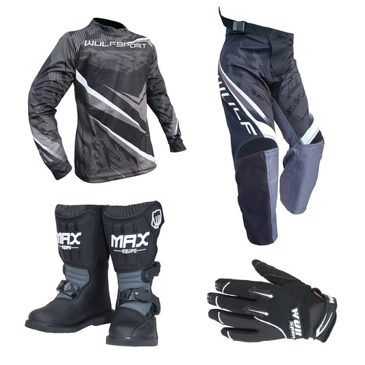Kids MX Wulfsport 2026 WARHAMMER Motocross Shirt Pant, Gloves & Boots Black Set #M8