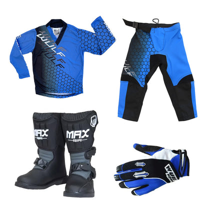 Kids MX Wulfsport 2025 CONNECT Motocross Shirt Pant, Gloves & Boots Blue Set #M8