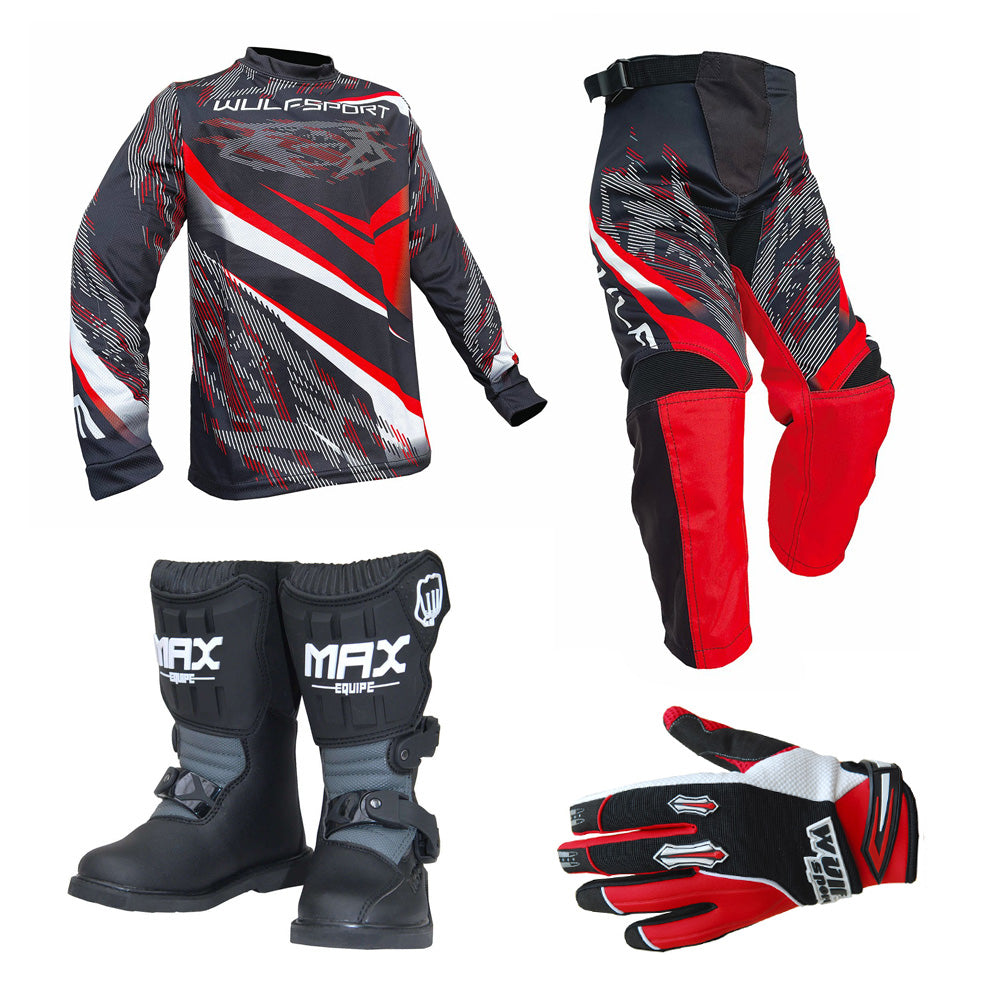 Kids MX Wulfsport 2026 WARHAMMER Motocross Shirt Pant, Gloves & Boots Red Set #M8