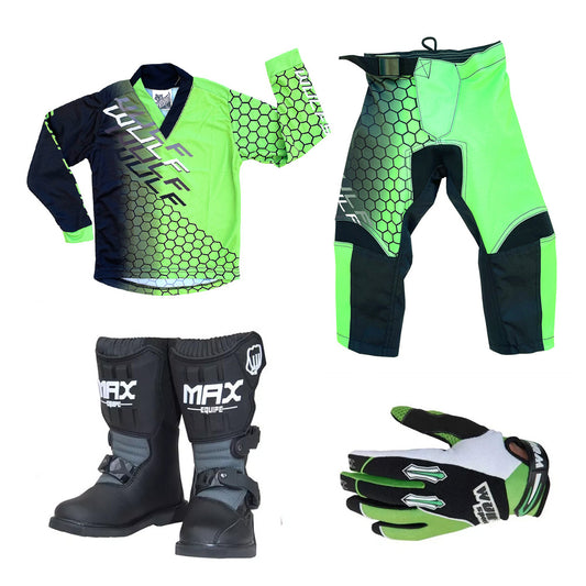 Kids MX Wulfsport 2025 CONNECT Motocross Shirt Pant, Gloves & Boots Green Set #M8