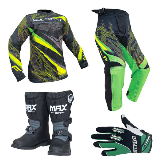 Kids MX Wulfsport 2026 WARHAMMER Motocross Shirt Pant, Gloves & Boots Green Set #M8