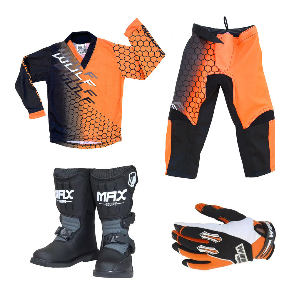 Kids MX Wulfsport 2025 CONNECT Motocross Shirt Pant, Gloves & Boots Orange Set #M8