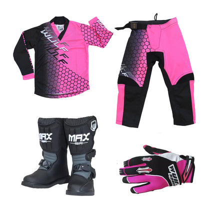 Kids MX Wulfsport 2025 CONNECT Motocross Shirt Pant, Gloves & Boots Pink Set #M8