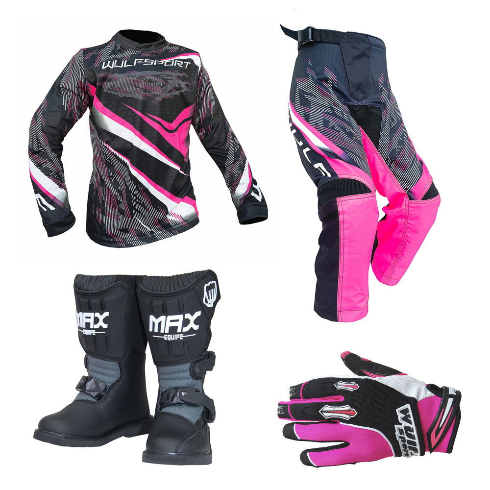Kids MX Wulfsport 2026 WARHAMMER Motocross Shirt Pant, Gloves & Boots Pink Set #M8