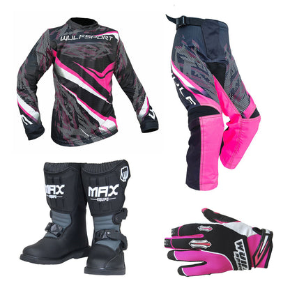 Kids MX Wulfsport 2026 WARHAMMER Motocross Shirt Pant, Gloves & Boots Pink Set #M8
