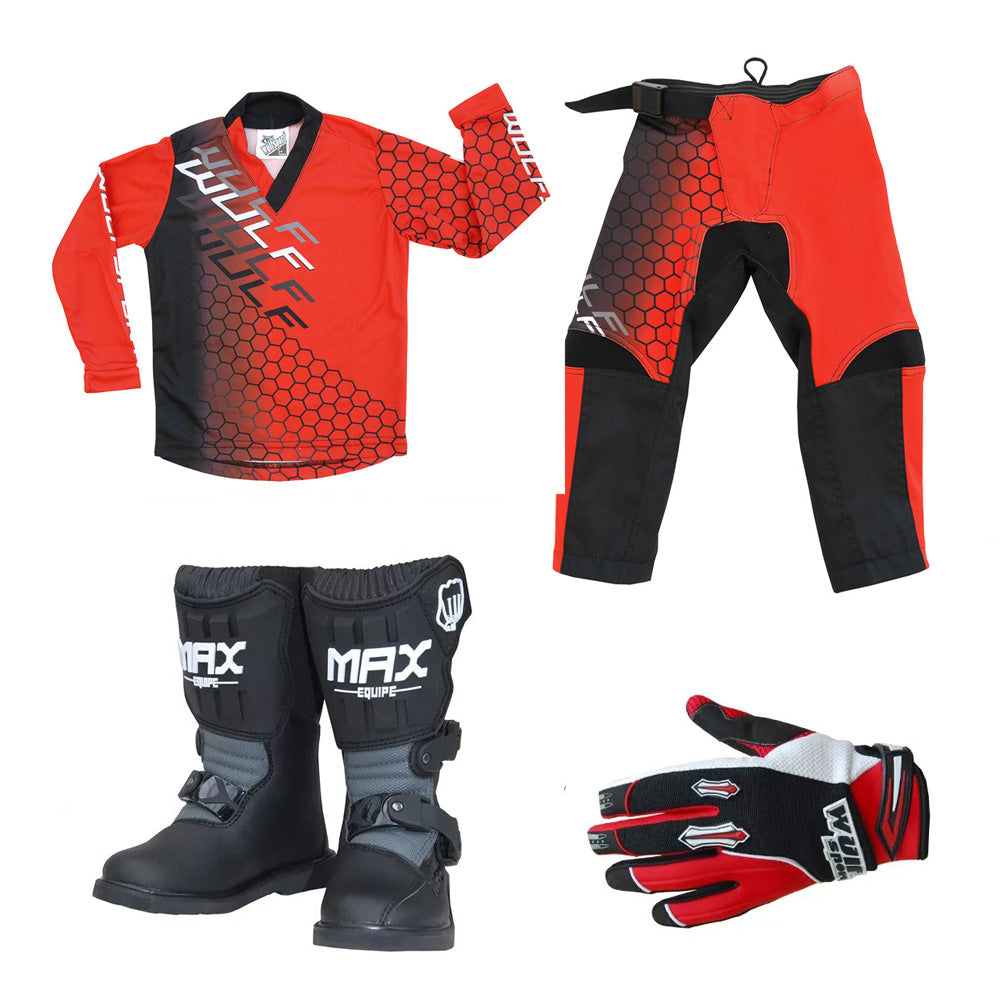 Kids MX Wulfsport 2025 CONNECT Motocross Shirt Pant, Gloves & Boots Red Set #M8