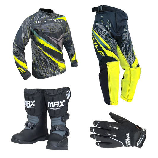 Kids MX Wulfsport 2026 WARHAMMER Motocross Shirt Pant, Gloves & Boots Yellow Set #M8