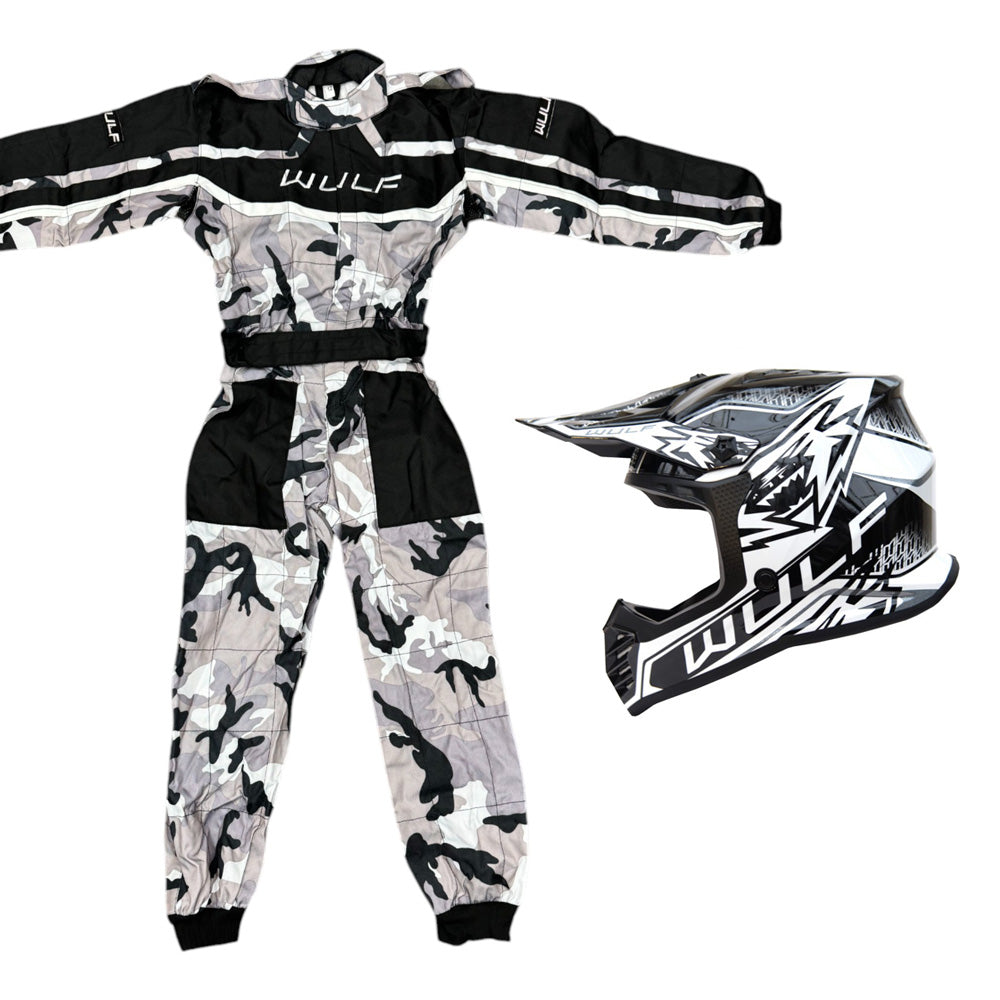 Kids Wulfsport MX Quad Motocross Overall & Helmet Black Camo Set #O2