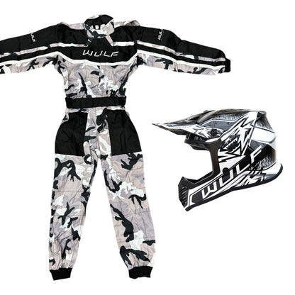 Kids Wulfsport MX Quad Motocross Overall & Helmet Black Camo Set #O2