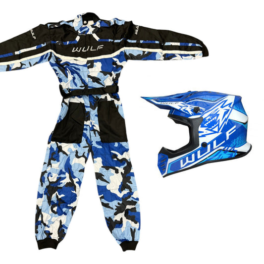 Kids Wulfsport MX Quad Motocross Overall & Helmet Blue Camo Set #O2