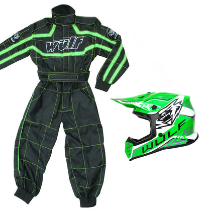 Kids Wulfsport MX Quad Motocross Overall & Helmet Green Set #O2