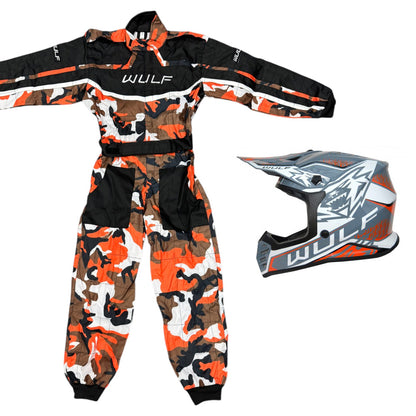 Kids Wulfsport MX Quad Motocross Overall & Helmet Orange Camo Set #O2
