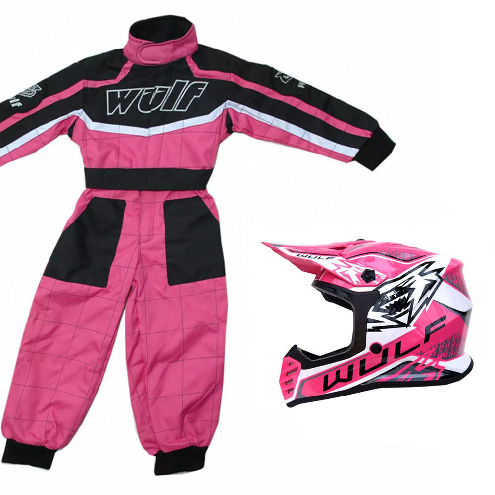 Kids Wulfsport MX Quad Motocross Overall & Helmet Pink Set #O2