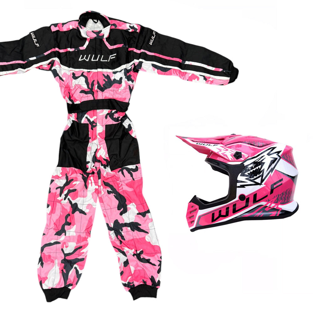 Kids Wulfsport MX Quad Motocross Overall & Helmet Pink Camo Set #O2