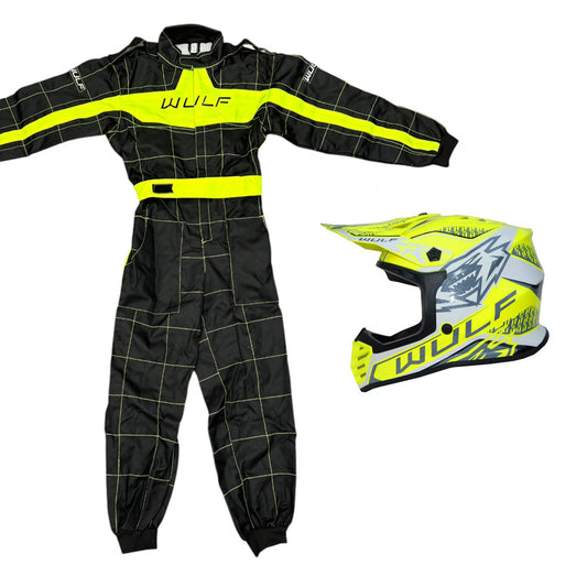 Kids Wulfsport MX Quad Motocross Overall & Helmet Yellow Set #O2