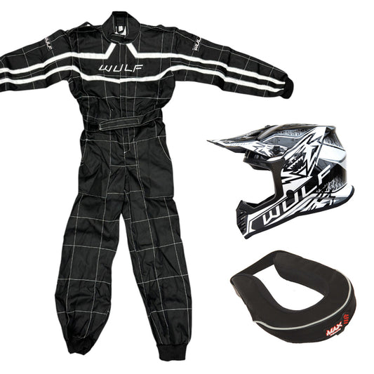 Kids Wulfsport MX Quad Motocross Overall, Helmet & Neck Brace Black Set #O3