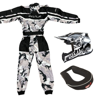 Kids Wulfsport MX Quad Motocross Overall, Helmet & Neck Brace Black Camo Set #O3