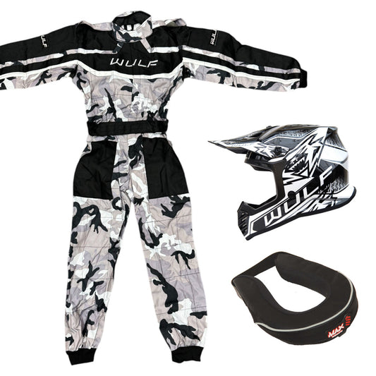 Kids Wulfsport MX Quad Motocross Overall, Helmet & Neck Brace Black Camo Set #O3