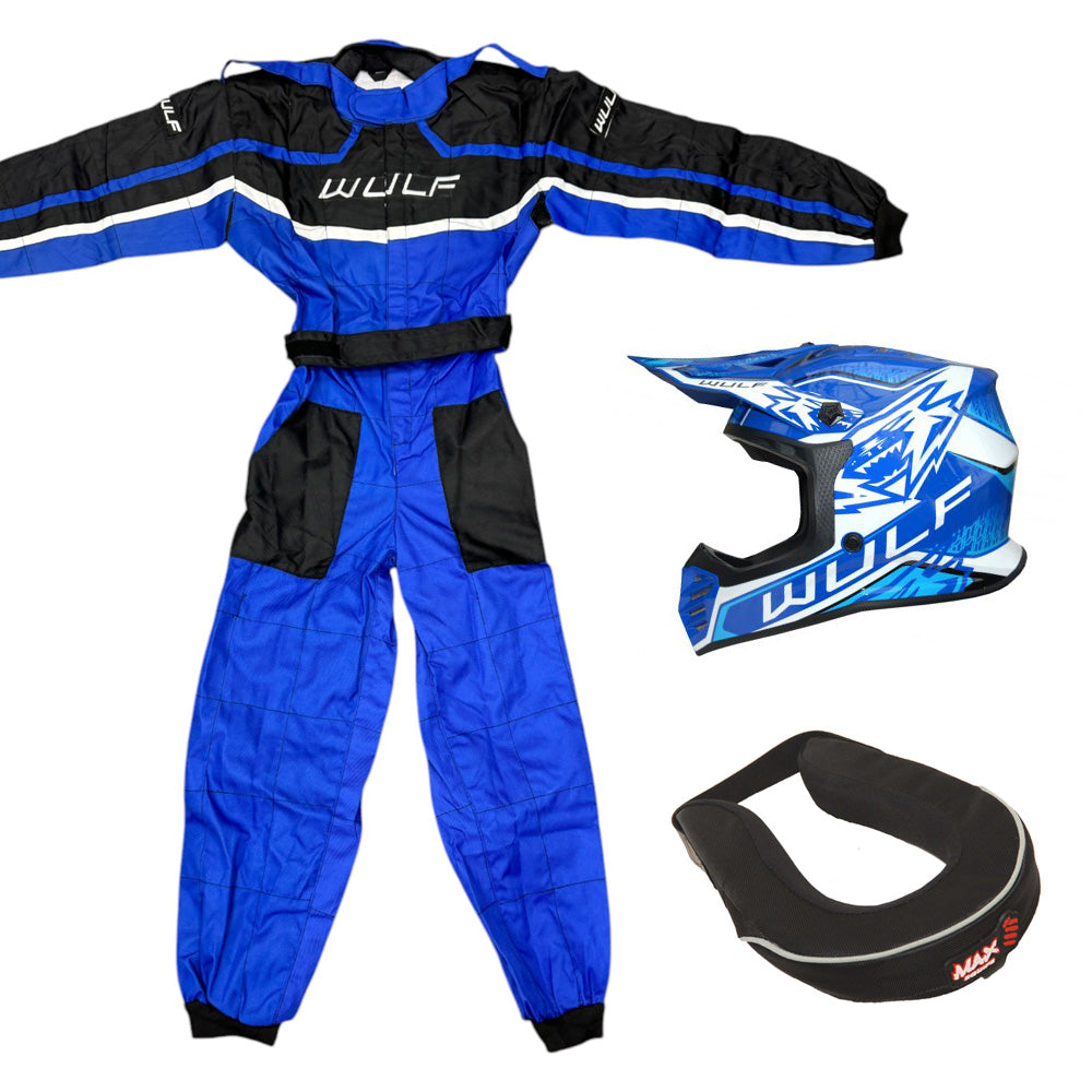 Kids Wulfsport MX Quad Motocross Overall, Helmet & Neck Brace Blue Set #O3