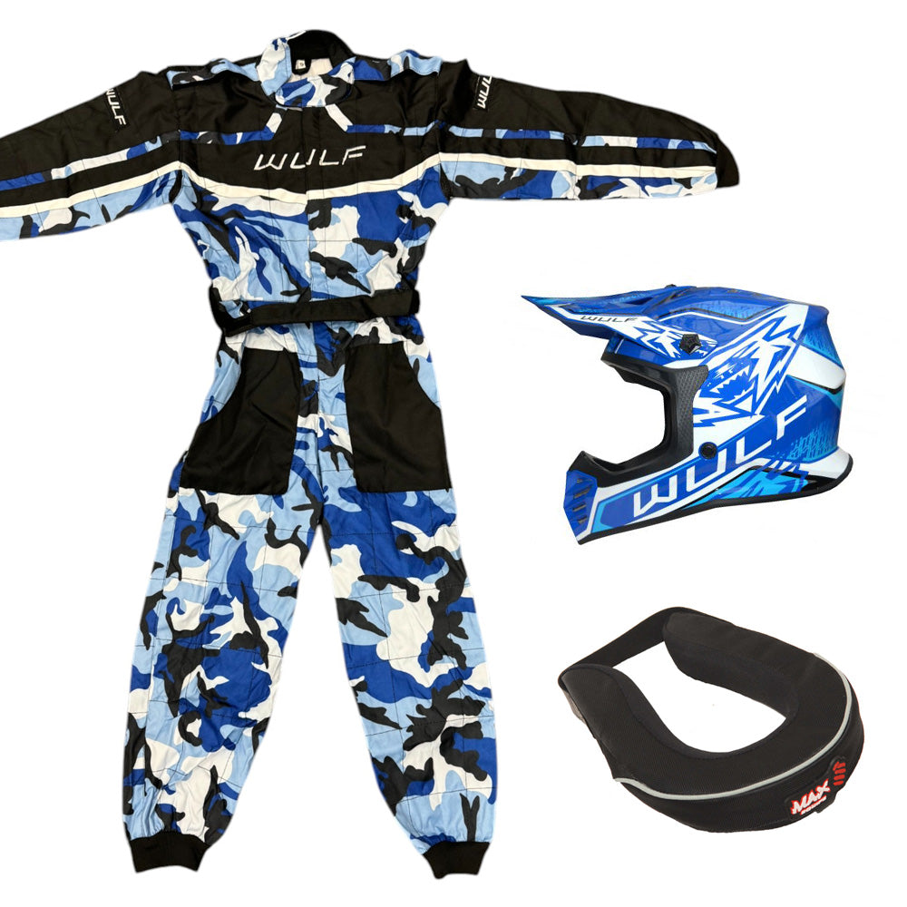 Kids Wulfsport MX Quad Motocross Overall, Helmet & Neck Brace Blue Camo Set #O3