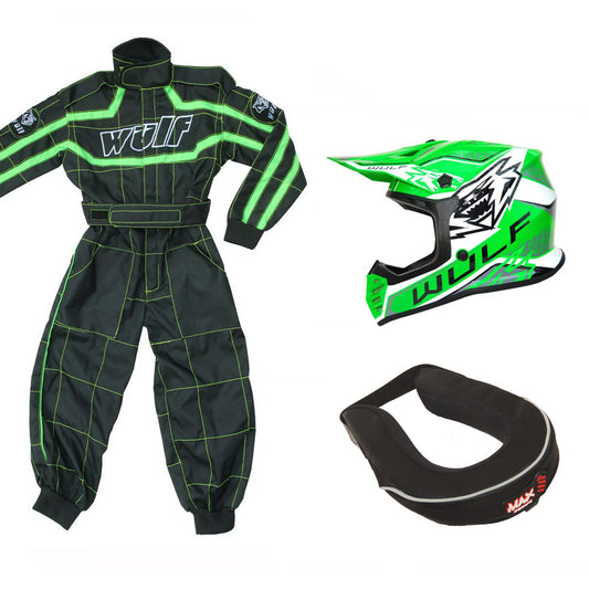 Kids Wulfsport MX Quad Motocross Overall, Helmet & Neck Brace Green Set #O3