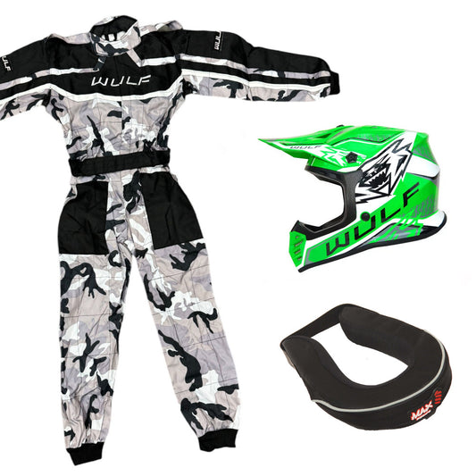 Kids Wulfsport MX Quad Motocross Overall, Helmet & Neck Brace Green Camo Set #O3