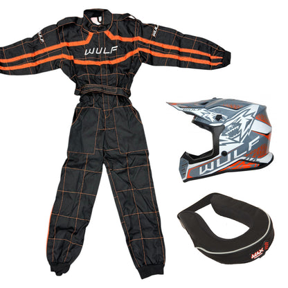 Kids Wulfsport MX Quad Motocross Overall, Helmet & Neck Brace Orange Set #O3