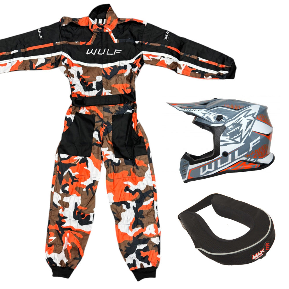 Kids Wulfsport MX Quad Motocross Overall, Helmet & Neck Brace Orange Camo Set #O3