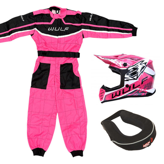 Kids Wulfsport MX Quad Motocross Overall, Helmet & Neck Brace Pink Set #O3