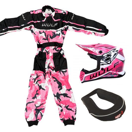 Kids Wulfsport MX Quad Motocross Overall, Helmet & Neck Brace Pink Camo Set #O3