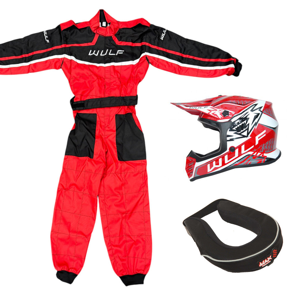 Kids Wulfsport MX Quad Motocross Overall, Helmet & Neck Brace Red Set #O3