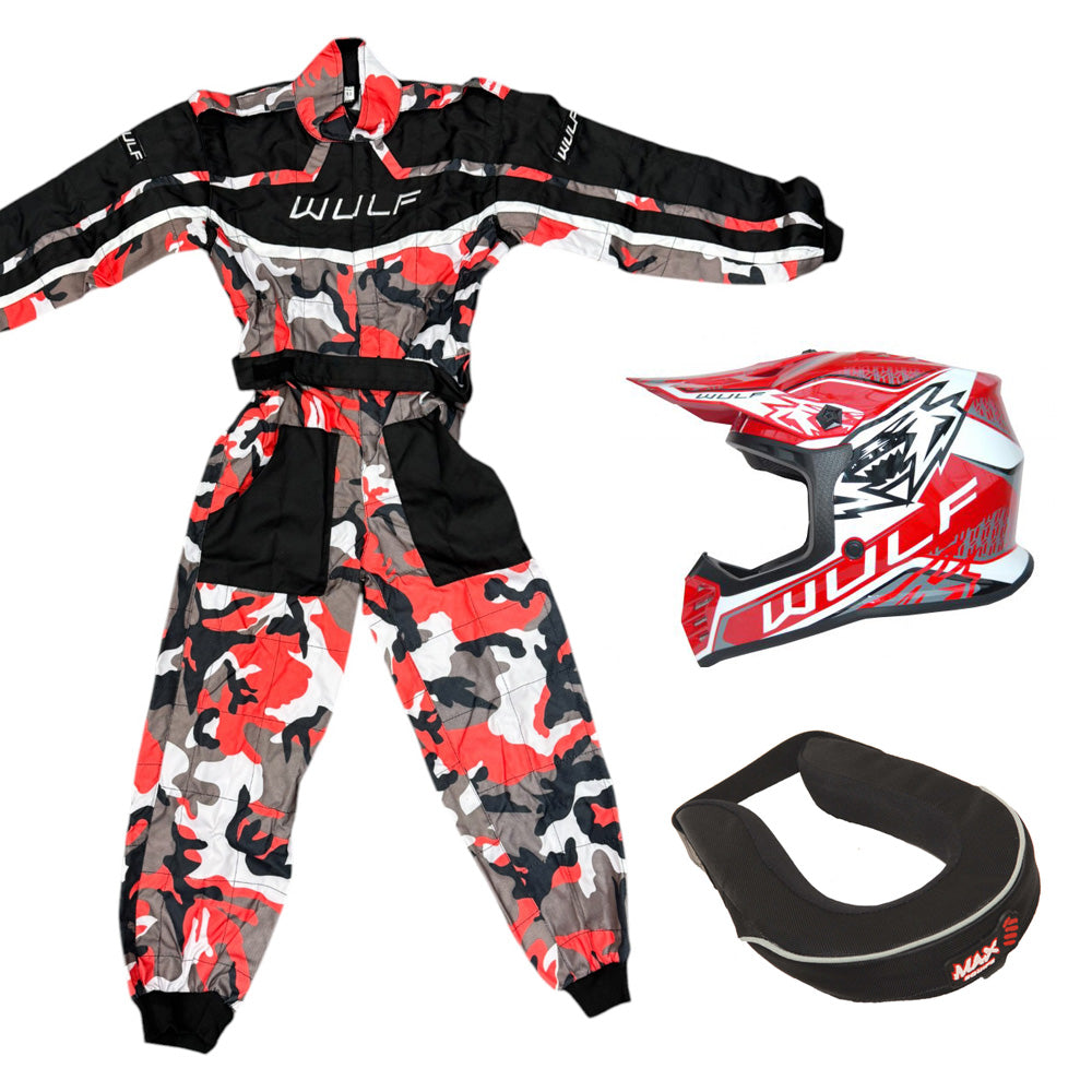 Kids Wulfsport MX Quad Motocross Overall, Helmet & Neck Brace Red Camo Set #O3