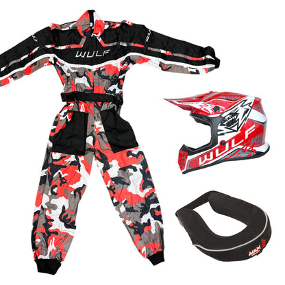 Kids Wulfsport MX Quad Motocross Overall, Helmet & Neck Brace Red Camo Set #O3