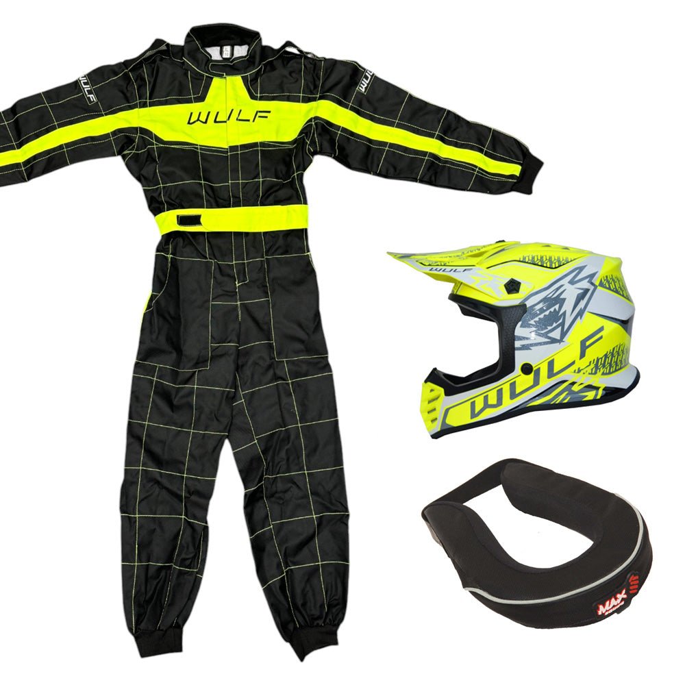 Kids Wulfsport MX Quad Motocross Overall, Helmet & Neck Brace Yellow Set #O3