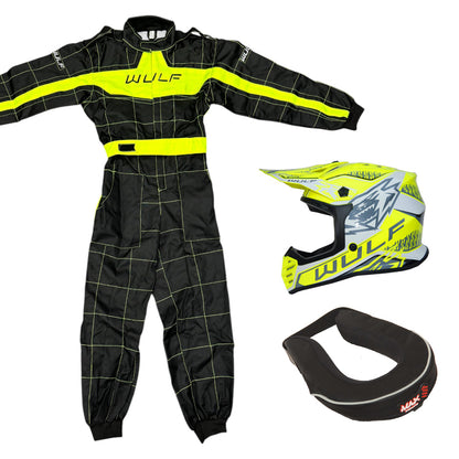 Kids Wulfsport MX Quad Motocross Overall, Helmet & Neck Brace Yellow Set #O3