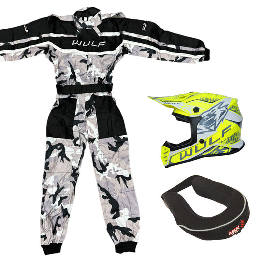 Kids Wulfsport MX Quad Motocross Overall, Helmet & Neck Brace Yellow Camo Set #O3